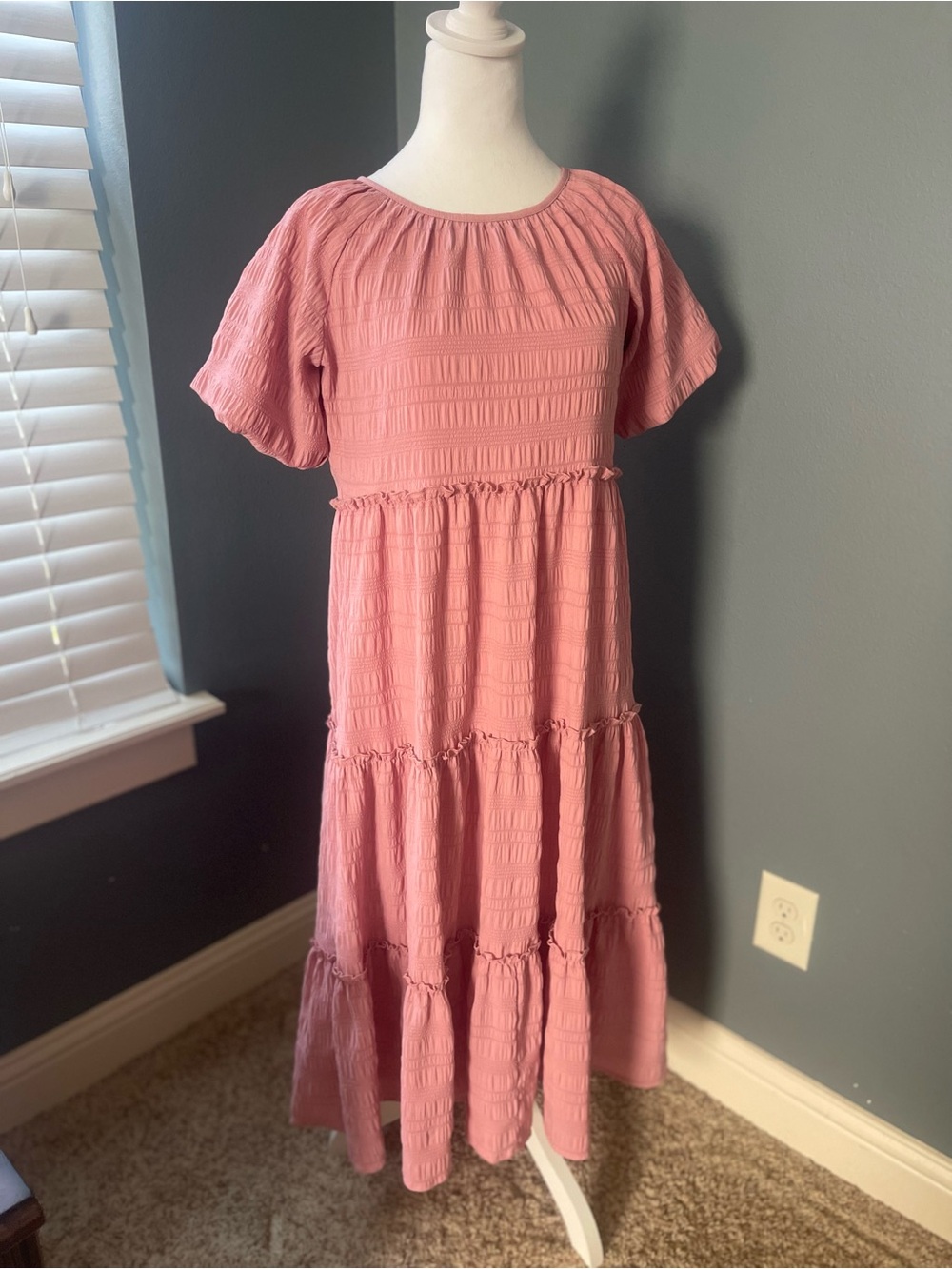 Mikarose Dusty Rose Textured Tiered Midi Dress Small Modest Puff Sleeve